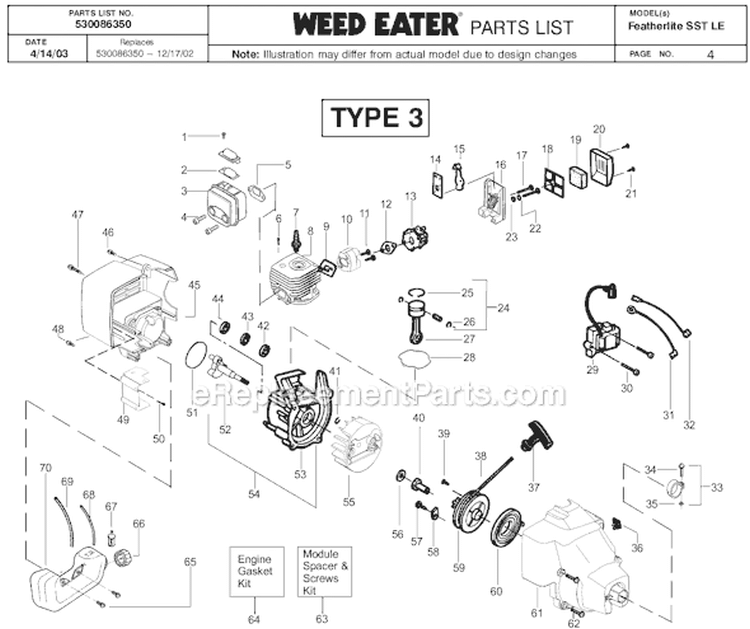 Page C Diagram and Parts List for SST Featherlite  LE Type 3 Weed Eater Trimmer